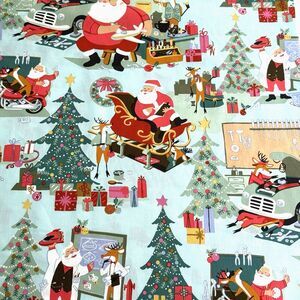 XMAS ALEXANDER HENRY SANTA'S GARAGE GREEN COLORWAY RETRO CHRISTMAS FABRIC BTY